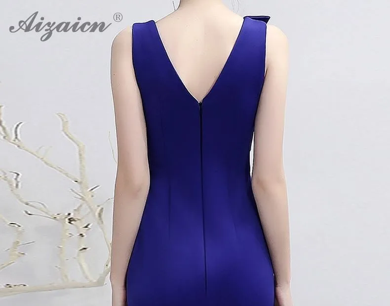 V образным вырезом Длинные Cheongsam синий современный китайский вечернее китайское платье-Ципао модные, пикантные высокие Разделение юбка вечерние платья Qi Pao Для женщин халат