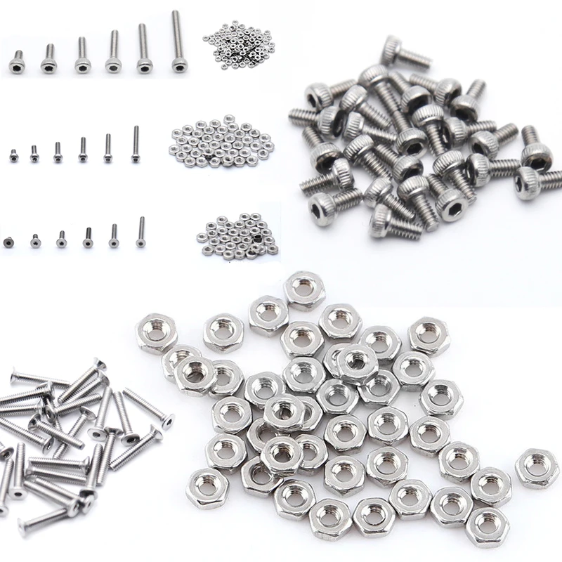 250pc/set M2 Cap/Button/Flat Head A2 Stainless Steel Hex Socket Screws Bolt With Nuts Assortment Kit |