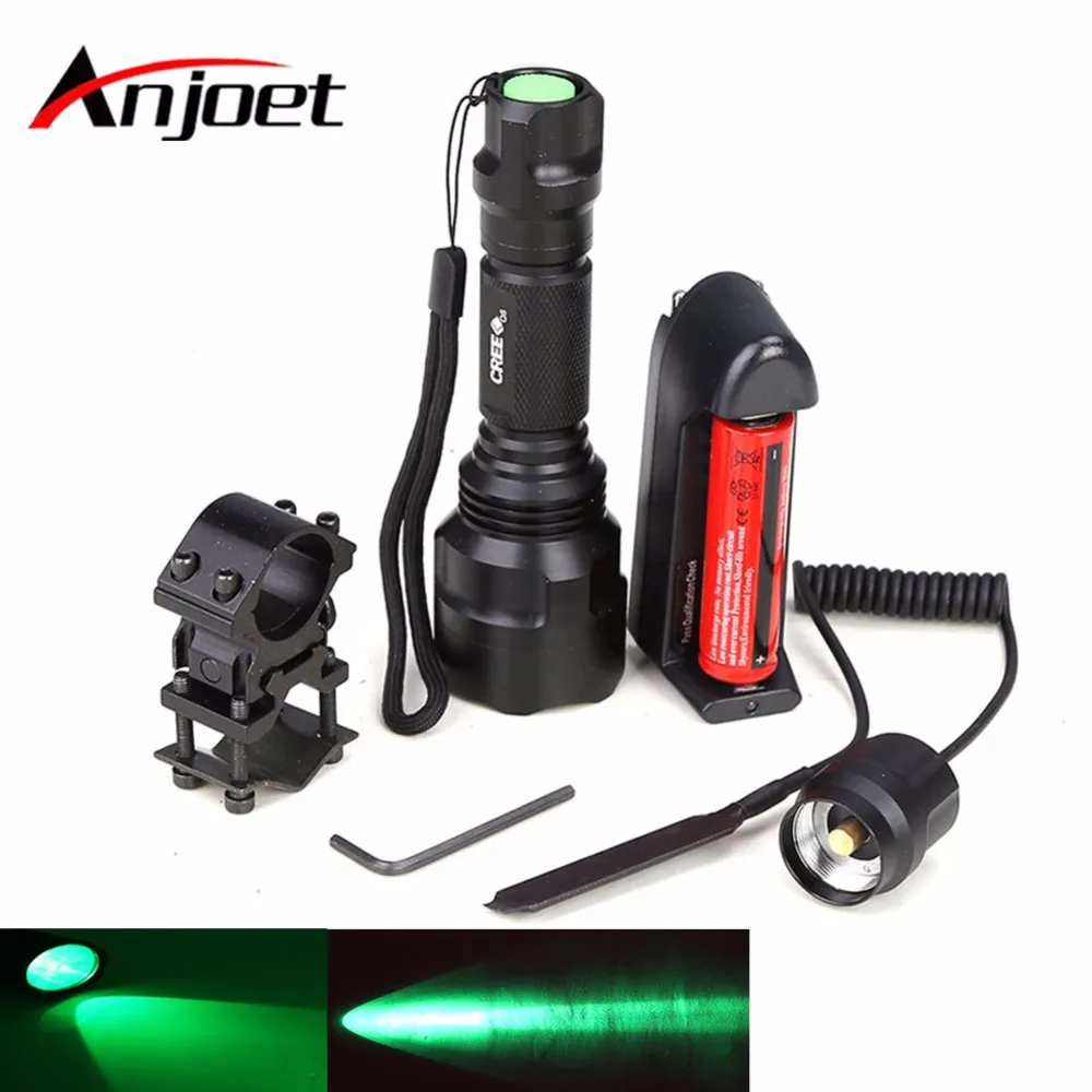 Anjoet Flashlight Hunting Torch Flash Light Green Spotlight Q5 LED ON/OFF Mode With Gun Clip Remote Pressure Switch 18650 Charge