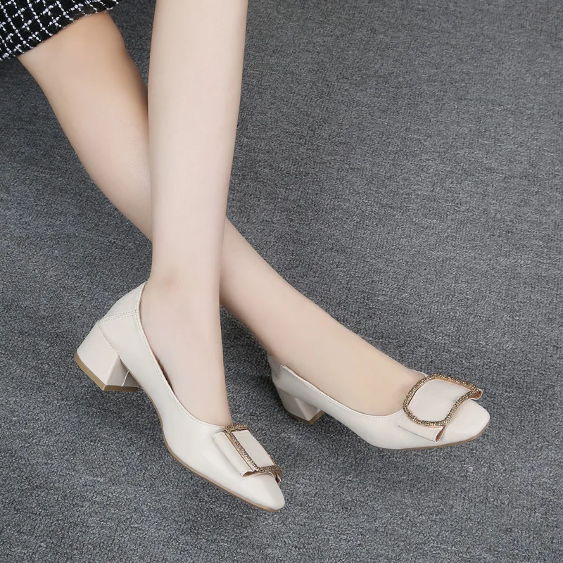 

2023 New Women Pumps Square High heels Thick Buckle Square Toe Breathable Single Shoes