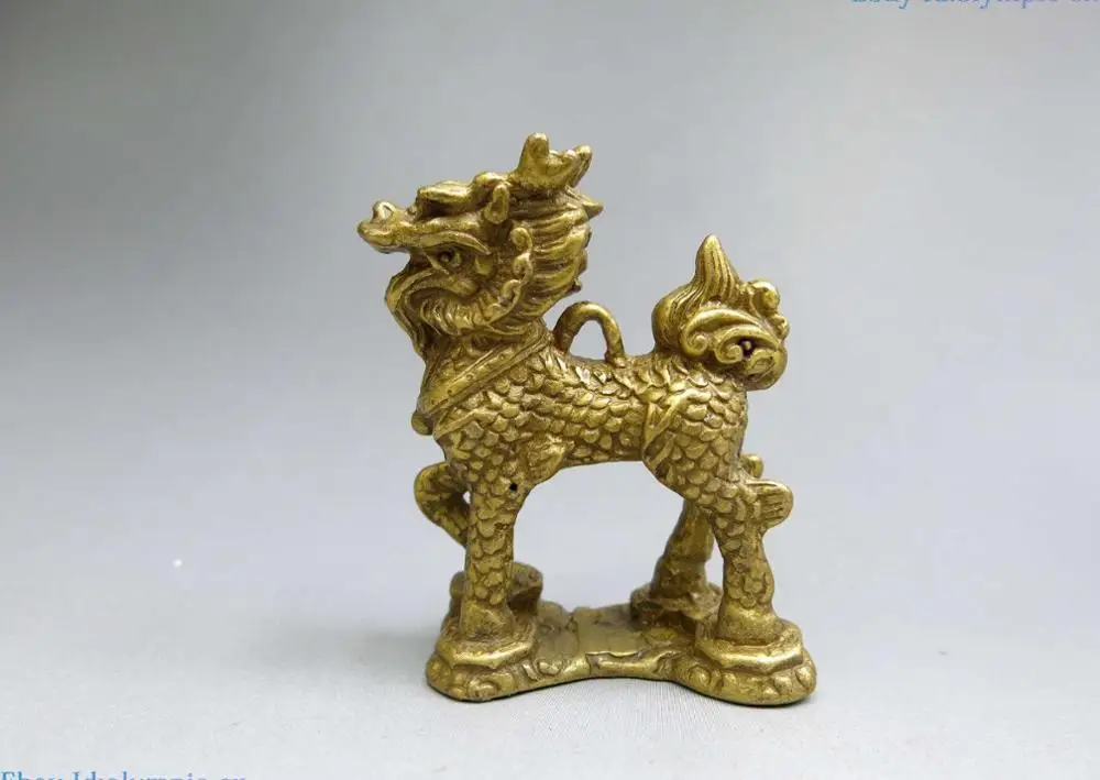 

China brass sculpture carved fine copper Feng Shui small Foo Dog Kylin Statue