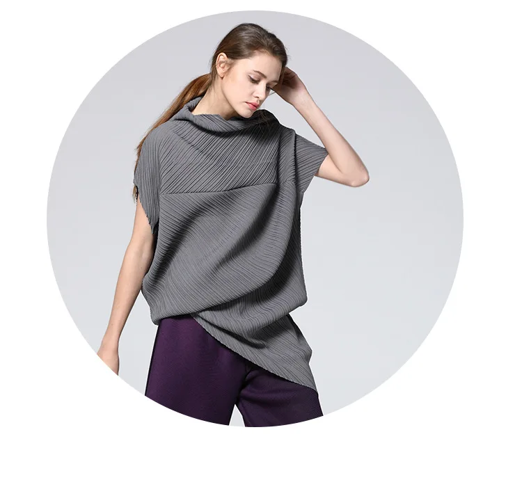Changpleat летние новые необычные женские длинные футболки топы Miyak плиссированные Модные свободные однотонные женские футболки большого размера - Цвет: Темно-серый