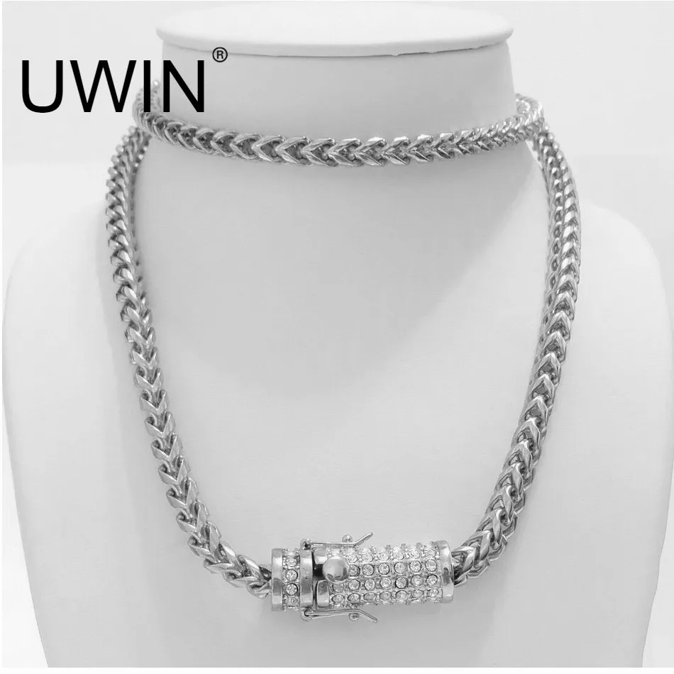 UWIN 3" мужские хип хоп ожерелье Iced Out 6 мм золото нержавеющая сталь Франко кубинская коробка цепи звено ожерелье горный хрусталь застежка - Окраска металла: SILVER
