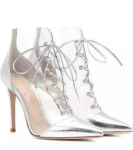spesifikasi Musim Semi Transparan PVC Patchwork Menunjuk Toe Sepatu Semata Kaki Renda Stiletto Sepatu Hak Tinggi Lucency Sepatu Bot Pendek Roma Sepatu