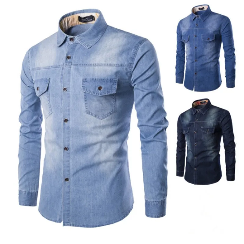 

Male Spring Shirts Hombre Camisa Masculina Male Denim Jeans Shirts Male Casual Fashion Slim Fit Fitness Long Sleeved Plus Size