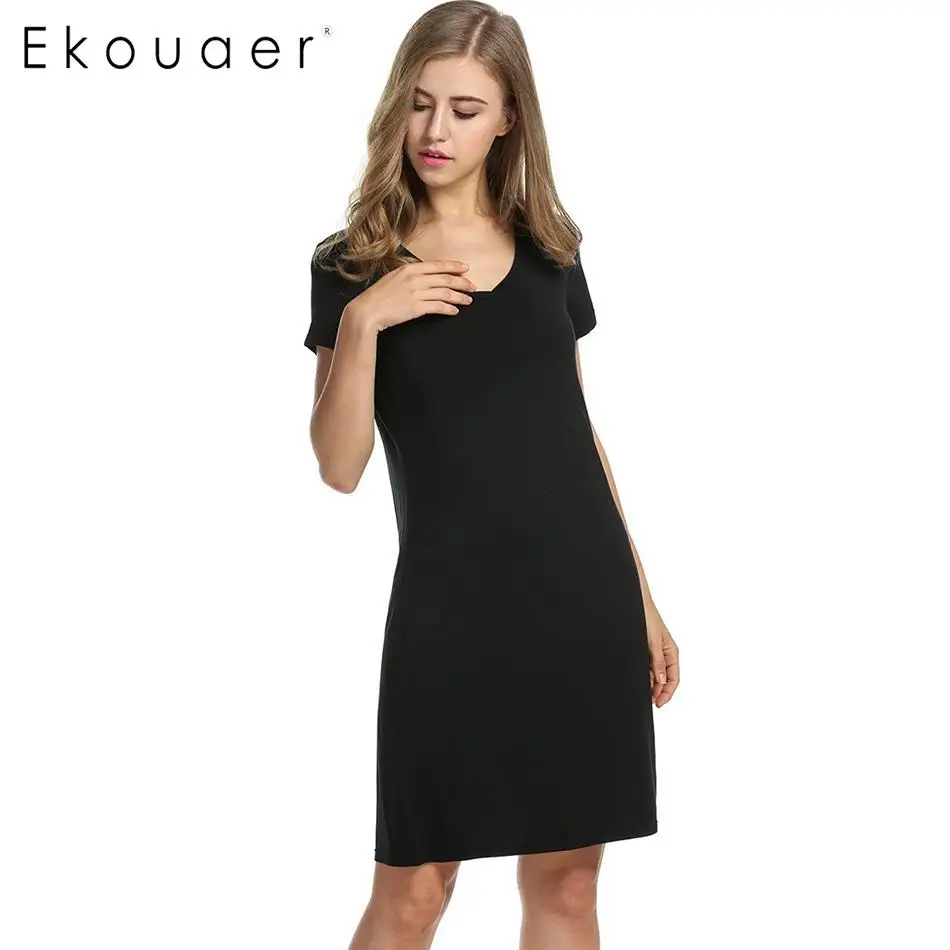 Black Ekouaer ночные рубашки женские ночные рубашки домашнее платье с v-образным вырезом короткий рукав свободное Ночное платье летняя одежда для сна ночная рубашка Прямая поставка - Цвет: Black