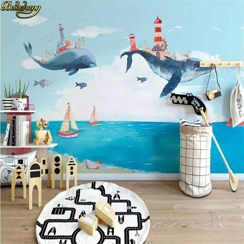 beibehang Nordic creative watercolor wall paper Mediterranean ocean whale children's room background wallpapers for living |