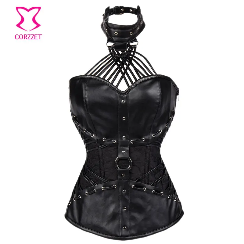 

Black Leather Strappy Halter Neck Steel Boned Overbust Gothic Corset Corselet Plus Size Corsets And Bustiers Steampunk Clothing