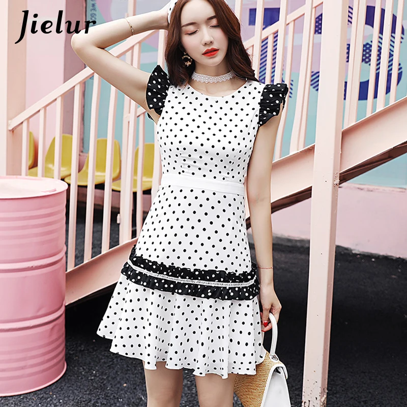 Jielur корейской моды рюшами в платье горошек Элегантный Винтаж S-XL vestidos mujer 2018 белый