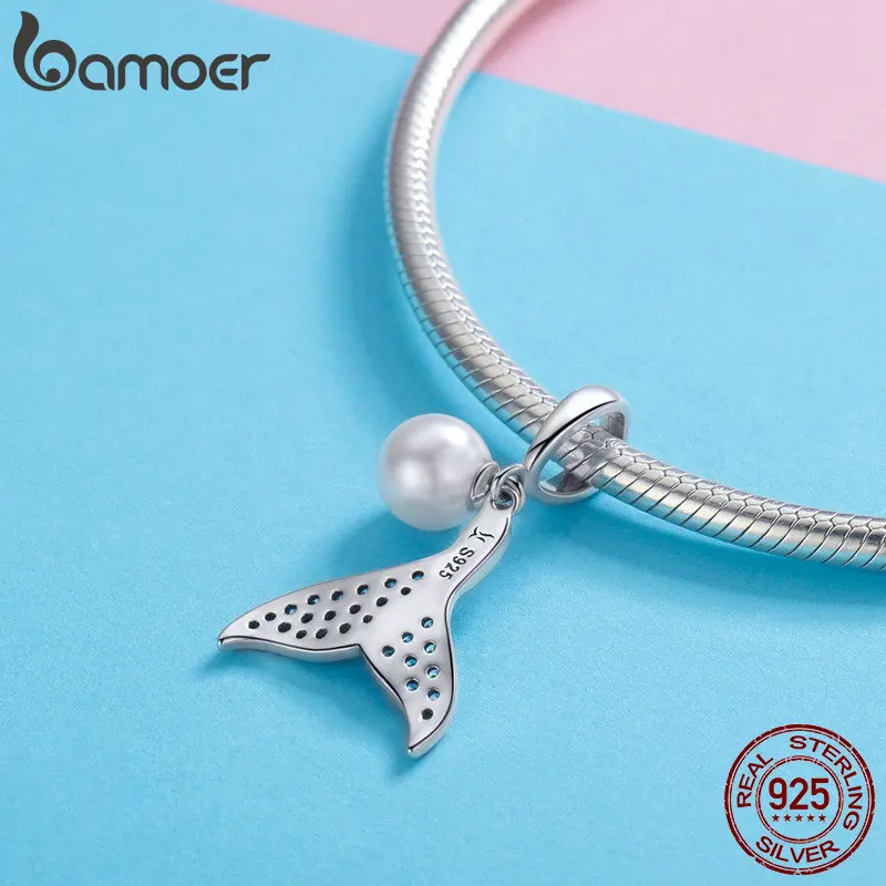 BAMOER, настоящая 925 пробы, серебряный, хвост русалки, Пресноводный Жемчуг, подвеска, очаровательный браслет, сделай сам, ювелирное изделие SCC877