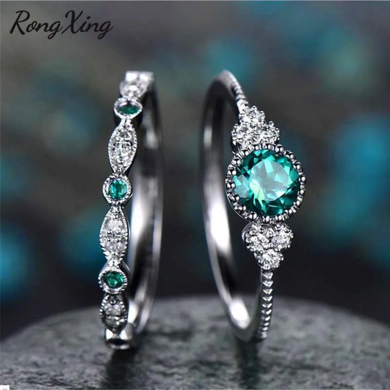 RongXing зеленый/синий круглый Циркон Обручальное кольцо набор для женщин