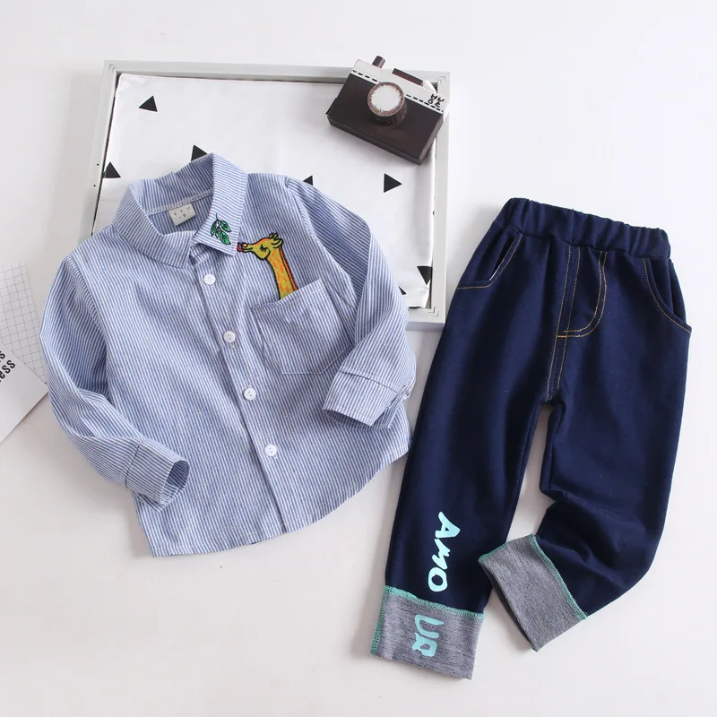 

2019 Spring Children Shirt Set Boys and Girls Striped Giraffe Embroidered Shirts Jeans Suits Kids Baby Two Pieces Clothing Sets