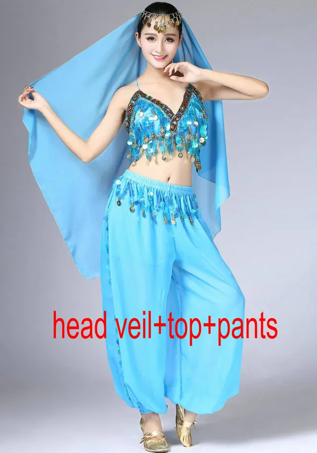 Veil Top Pants Костюм для танца живота с блестками для девочек топ бюстгальтер на бретельках с завязкой вуаль Женская Клубная одежда костюм комплект фестиваль Болливуд Восточный танец наряд - Цвет: Veil Top Pants