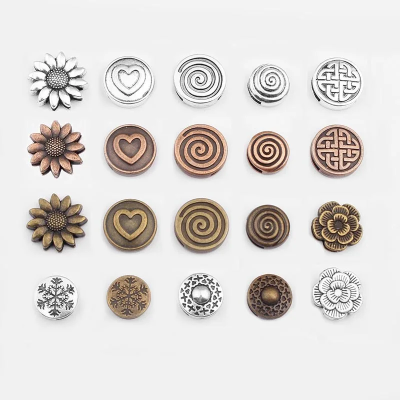 

10pcs Charms Sunflower Heart Swirl Chinese Knot Rose Flower Sliders Beads Spacers For 5mm 10mm Flat Leather Cord Jewelry Making
