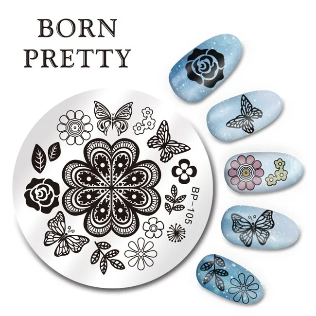 1 шт. BORN PRETTY Flower дизайн ногтей штамп шаблон Арабеска Бабочка Цветочная волнистая линия сетка в полоску дизайн 5,5 см круглая пластина изображения