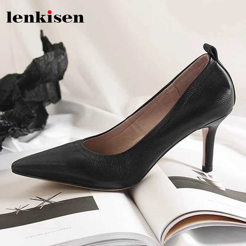 

Lenkisen 2019 charming gentlewoman wedding thin high heel genuine leather slip on pointed toe dress office lady women pumps L22