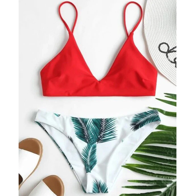 Лиственным принтом сексуальный комплект бикини Schwimmwear женщина с лямкой на шее