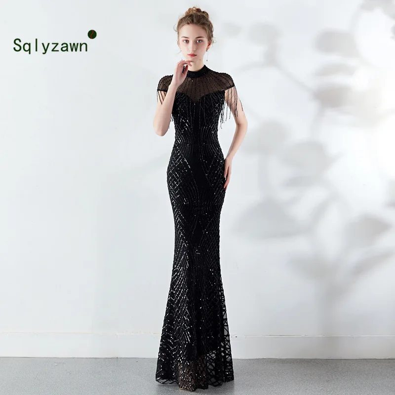 

High End Beaded Tassel Evening Party Dresses Luxury Champagne Mermaid Sweep Train Sequin Mesh Voile Stand Neck Formal Party Gown