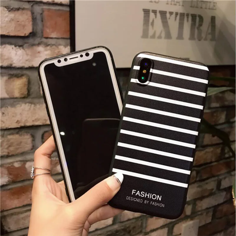 Black White Stripe Phone Case For iPhone X 8G 8Plus Relief Simple Couple Back Cover iphone 5 5s SE 6 6s Plus 7 7Plus Protect |