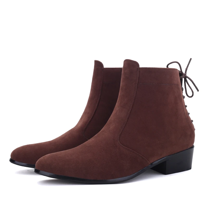 suede brown Fine Zero/Новые демисезонные мужские ботильоны с острым носком, увеличивающие рост, Модные мужские замшевые модельные туфли на высоком каблуке - Цвет: suede brown