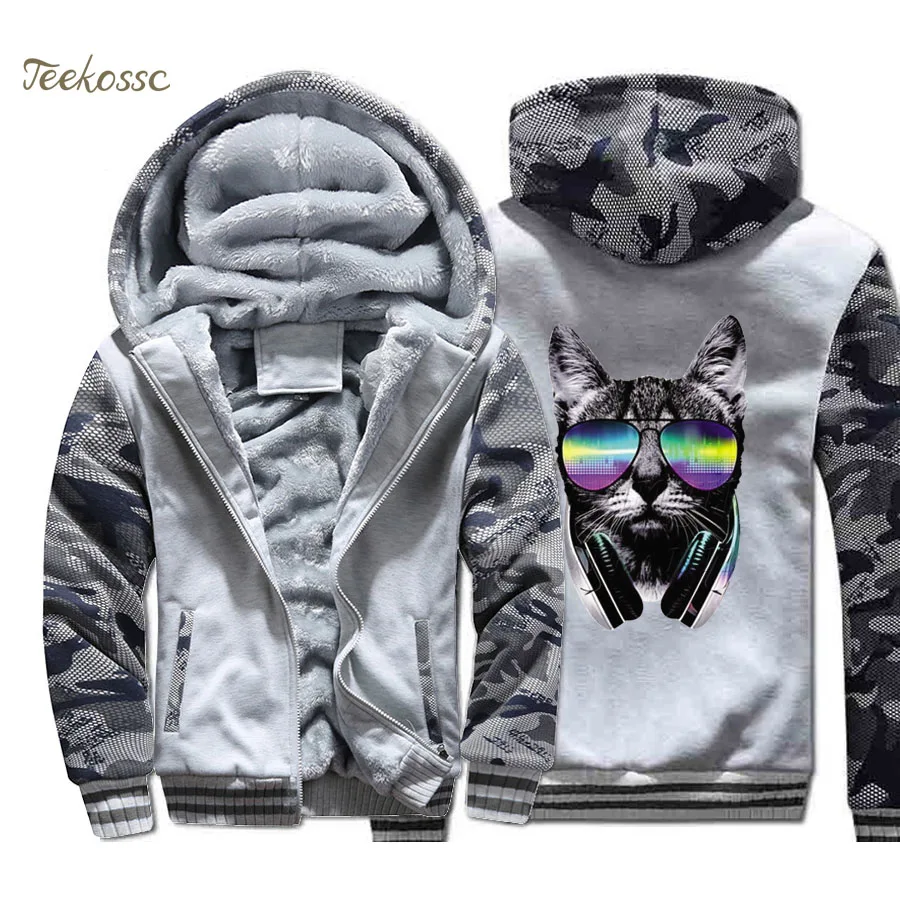 

Music DJ Cat Hoodie Men Cool Punk Rock Sweatshirt Coat Winter Warm Fleece Thick Zipper Animal Jacket Hip Hop Sportswear Homme