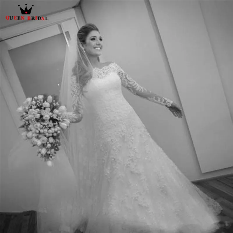 Изготовление под заказ а-силуэт длинный рукав кружевное фатиновое платье