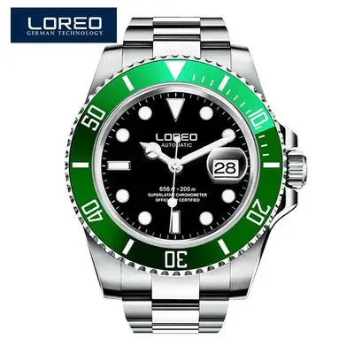 LOREO 200 м водонепроницаемые мужские спортивные часы люксовый бренд автоматические механические часы сапфировые светящиеся 316L часы из нержавеющей стали - Цвет: Steel Black Green