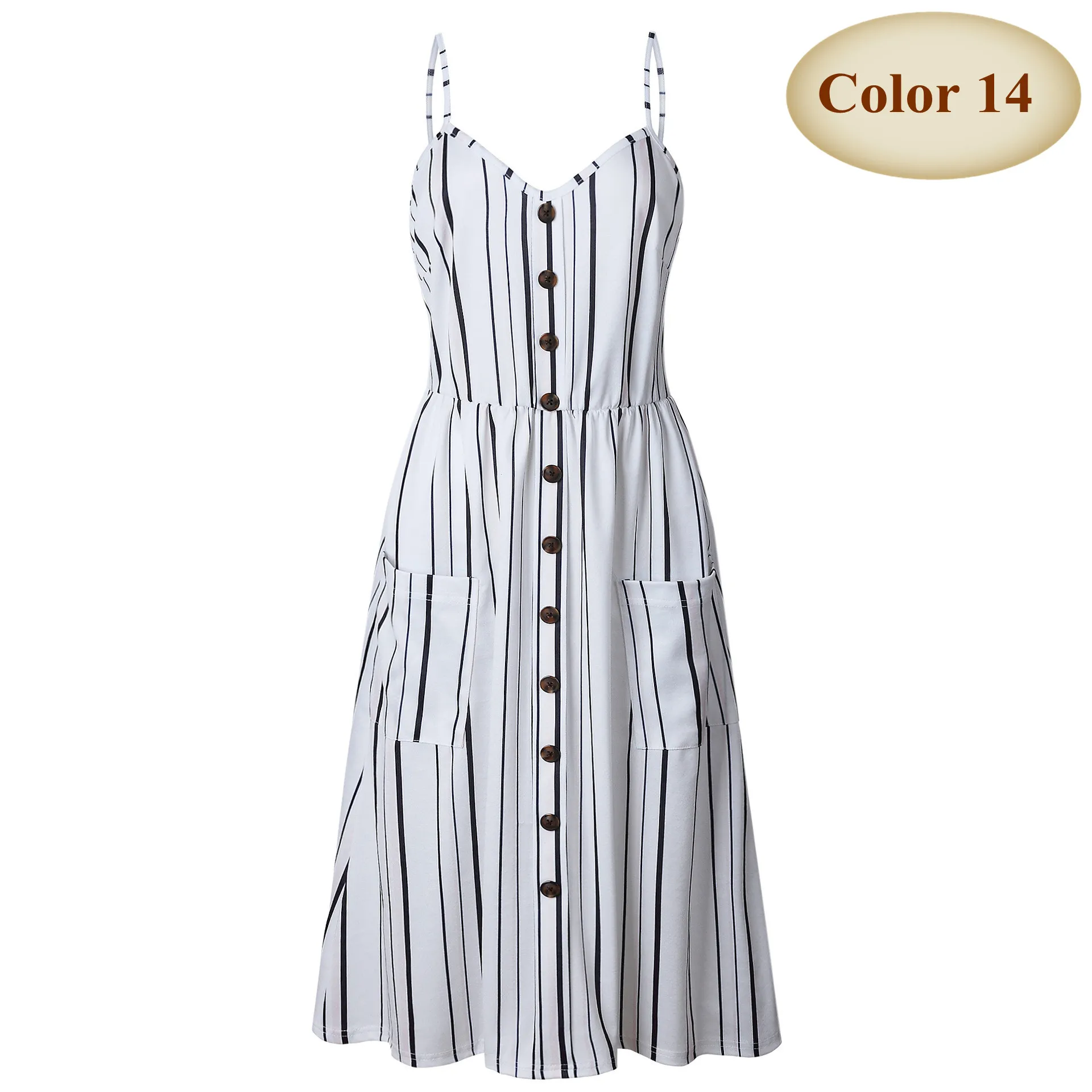 Color 14 New Boho Off-shoulder Party Beach Sundress Spaghetti Long Dresses Plus Size Summer Women Button Decorated Print Dress CRRIFLZ - Цвет: Color 14