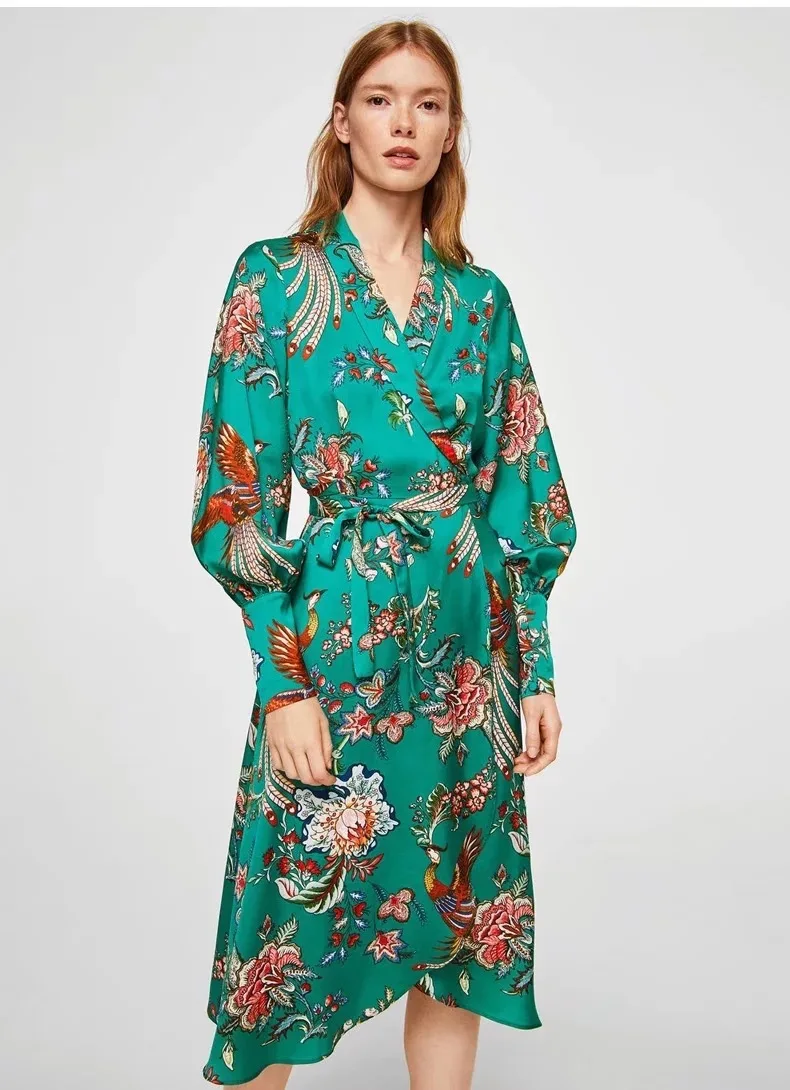 Цветочные Птица длинное платье с завязкой Fit & Flare ботанический Платья для женщин
