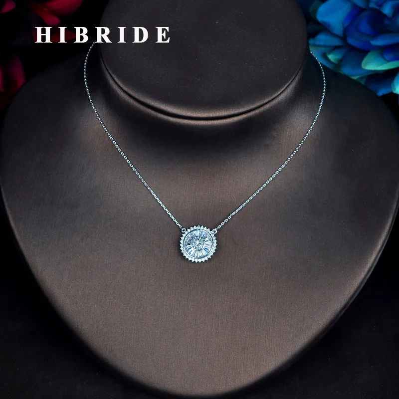 

HIBRIDE Classic Round Shape Shiny Full CZ Pendant Necklace Sweater Chain Dress Accessories Hot Sale Luxury Jewelry N-623