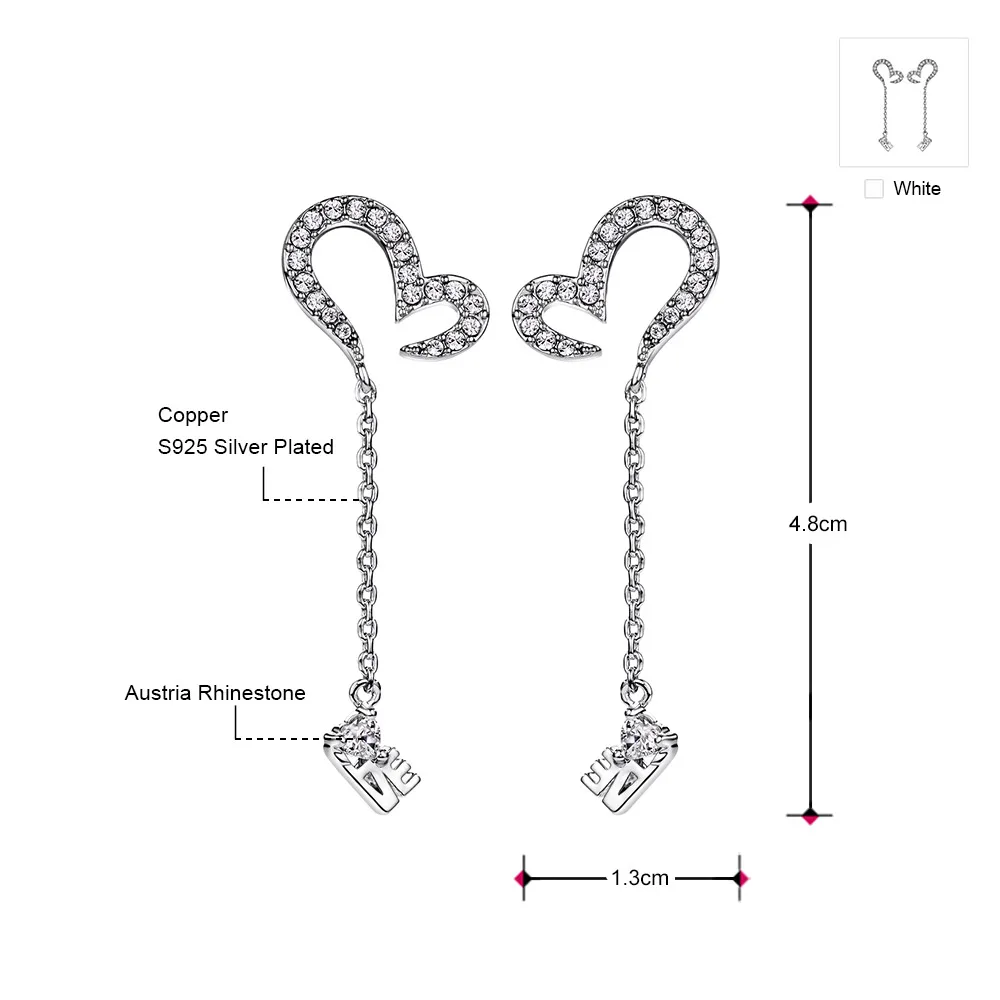 Neoglory Австрия Стразы посеребренные модные серьги подвески в форме сердца