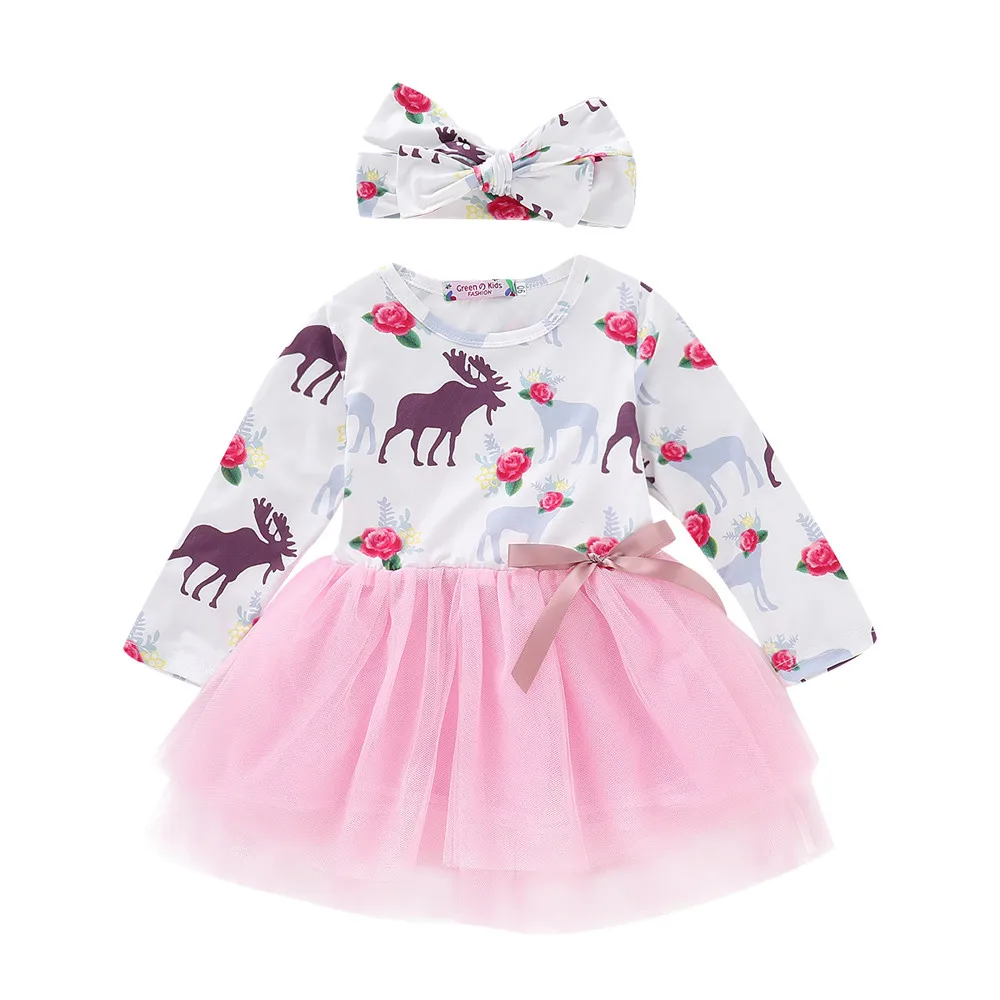 Girls Dress Infant Baby Cartoon Deers Print Tutu Tulle Christmas Party Princess Headbands Outfits Set T6# | Детская одежда и обувь