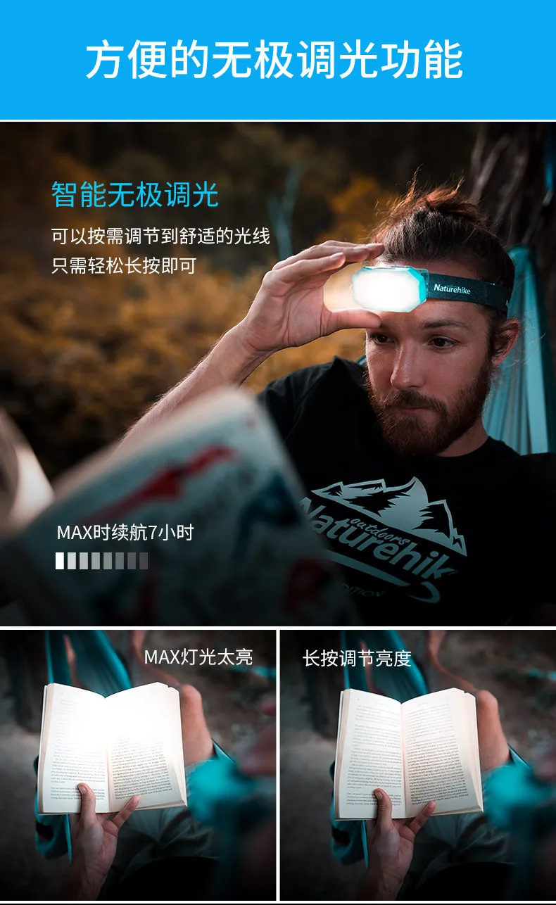 Naturehike наружный светодиодный налобный фонарь для рыбалки 7-90 часов, 4 режима, фонарь для палатки, фонарик для кемпинга, походов, палаток, налобный фонарь