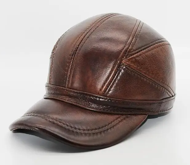 brown Ограниченная серия, новинка, для взрослых, пэчворк, Haisum, натуральная кожа, бейсболка, мужские зимние шапки с ушками, 2 цвета, высокое качество, Cs52 - Цвет: brown