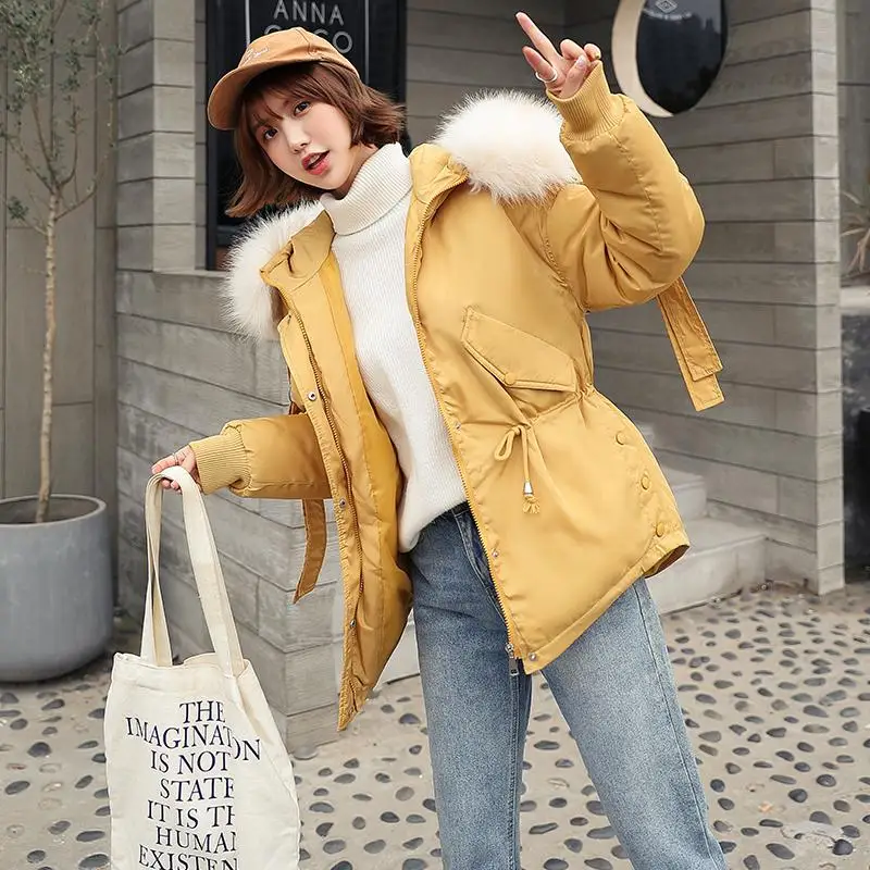 Fitaylor Women Short Winter Cotton Parkas Hooded Warm Loose Jacket Coat Large Fur Collar Cotton Padded Jacket Casual Outerwear - Цвет: Yellow