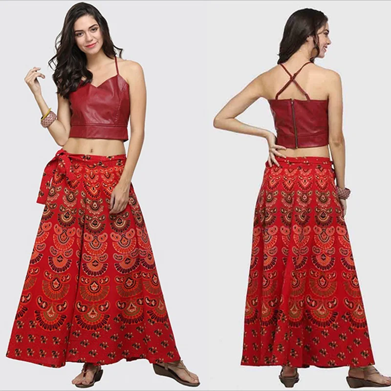 Boho Wrap Around Floral Print Maxi Skirt Women Elegant Indian Tribal Style Bohemian Long Beach Skirts Womens