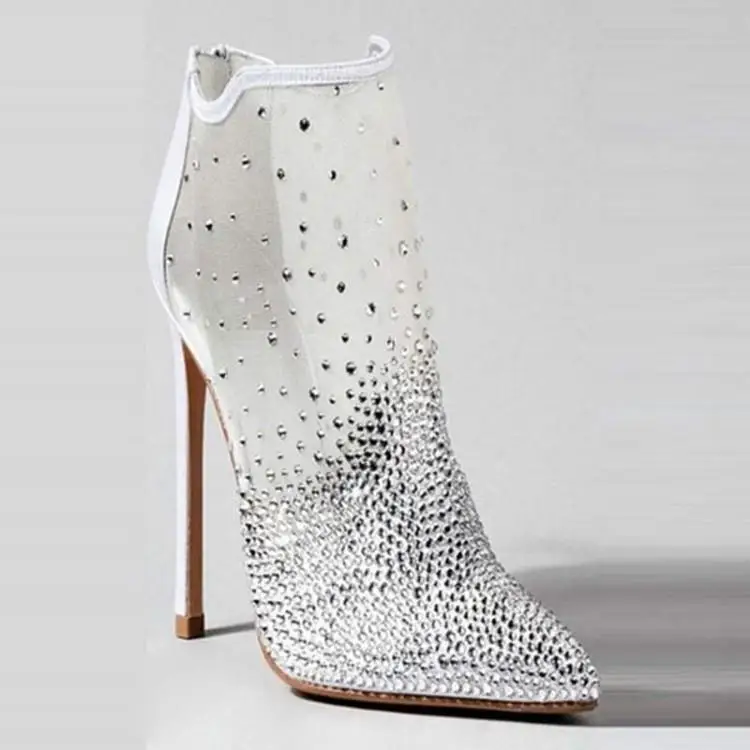 Luxury Bling Crystal Mesh Upper High Heels Shoes Woman Pointed Toe Back Zipper Spring Autumn Boots Fashion Brand Stilettos | Обувь