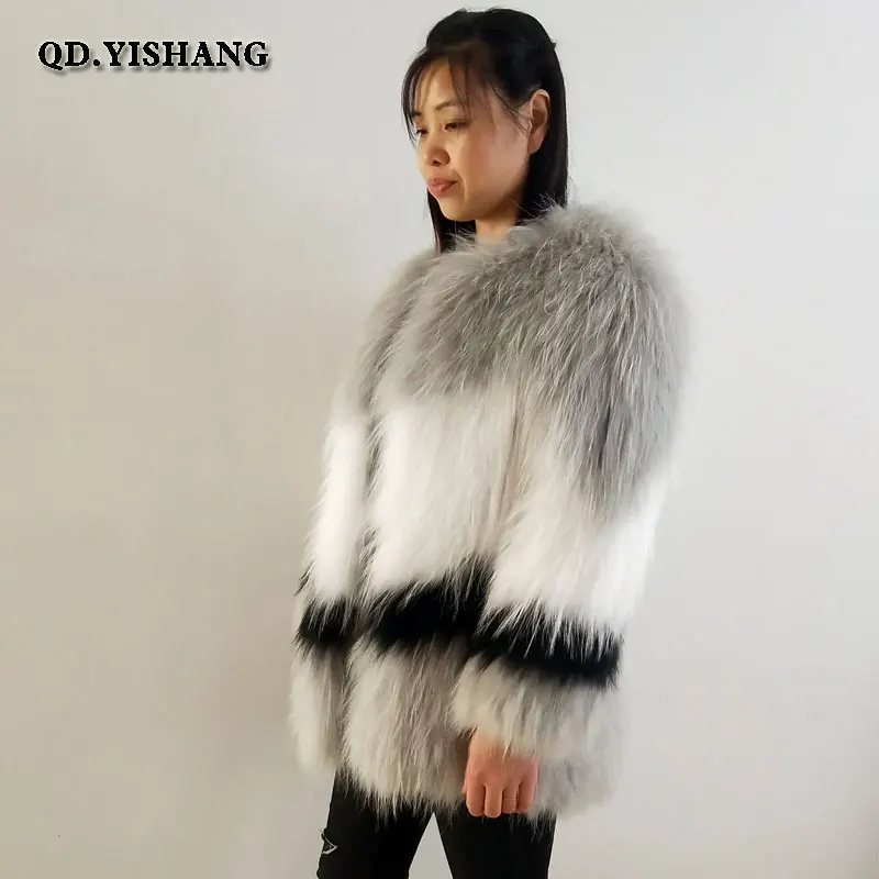Raccoon Dog fur 70cm Енотовидная собака с лисьего меха Плетеный Пальто короткие легкие теплые женские пальто - Цвет: Raccoon Dog fur 70cm