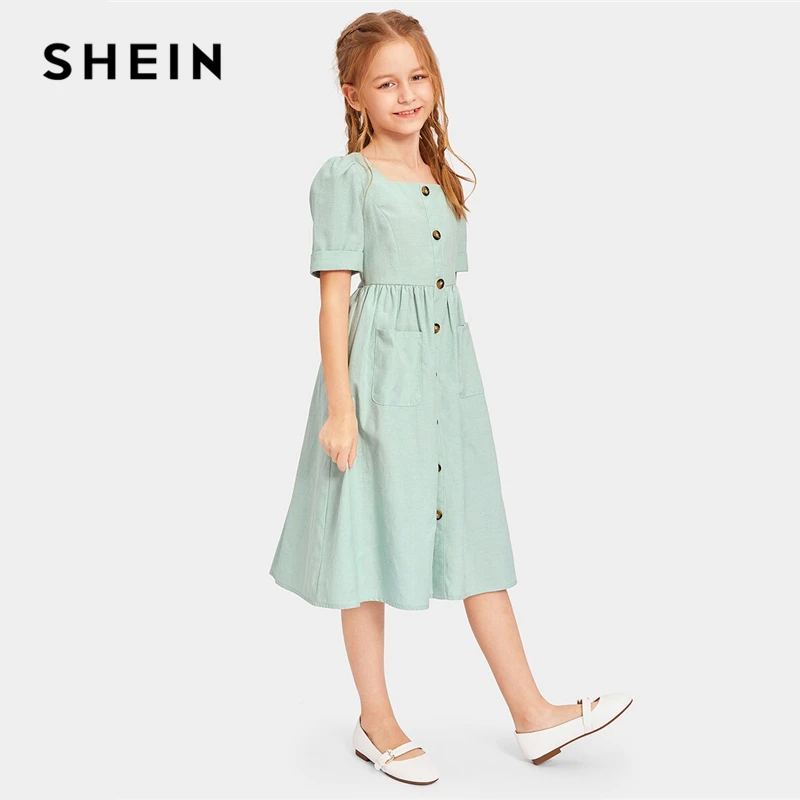 SHEIN Kiddie/красное однотонное расклешенное платье с оборками, трапециевидной формы, с поясом, летнее праздничное платье, рукав-волан, с пуговицами на спине, платья-миди для девочек