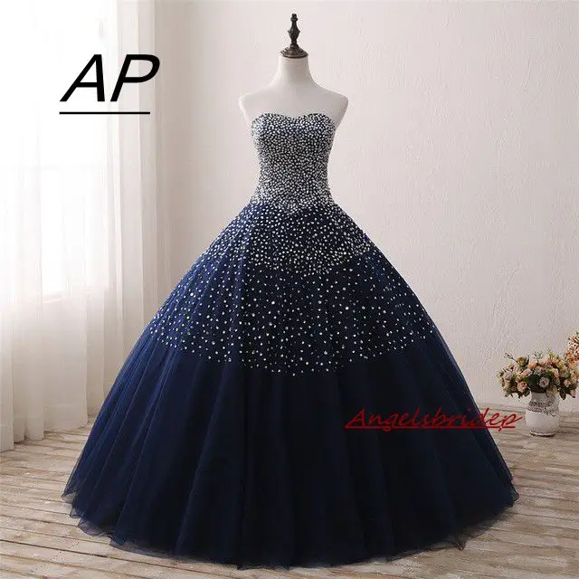Navy Blue ANGELSBRIDEP Новое поступление реальное фото Бальные платья бальное платье с бисером на шнуровке милое 16 платье для 15 лет дебютантные платья - Цвет: Navy Blue