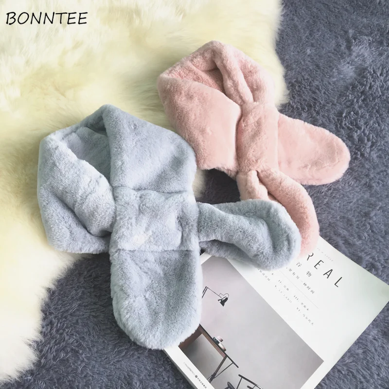 

Scarves Women Thicker Warm Trendy Korean Simple Faux Rabbit Fur Collar Winter Scarf Student Kawaii Female Scarfs Retro Elegant