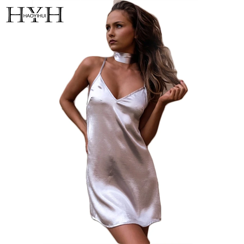 HYH HAOYIHUI 2018 Новое поступление базовое блестящее атласное платье на бретельках с