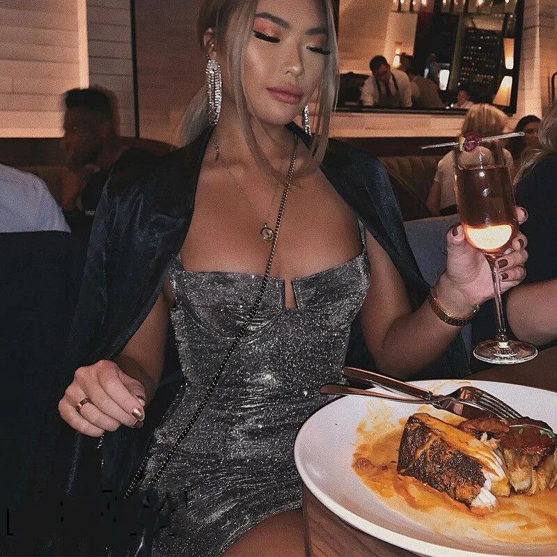 Для женщин Стильная женская обувь без рукавов ремень Bodycon платье мини-платье для вечеринки Карандаш платье Короткое блестящее платье тощий Клубная одежда женское платье