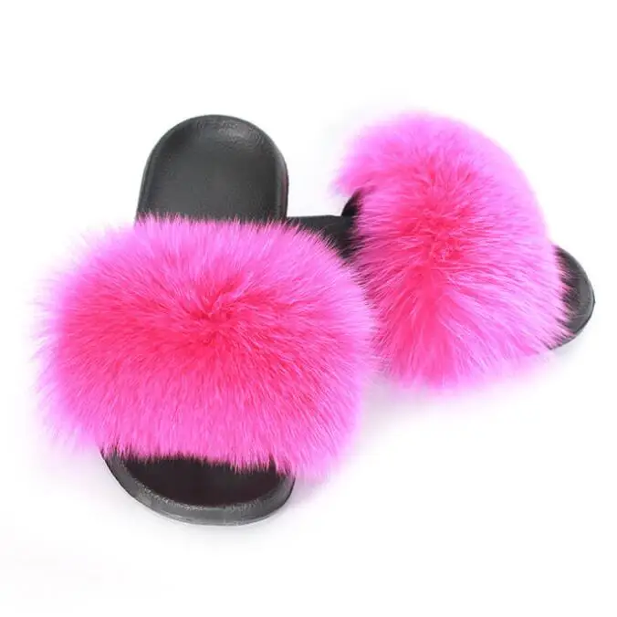 hot pink FXFURS/Новинка года; женские тапочки с натуральным лисьим мехом; летние модные меховые сандалии; обувь из пушистого плюша; Вьетнамки с мехом енота; Домашние шлепанцы - Цвет: hot pink