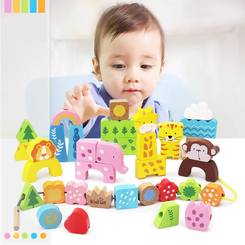 Мультяшные животные цифровые деревянные бусинки веревки Обучающие Развивающие