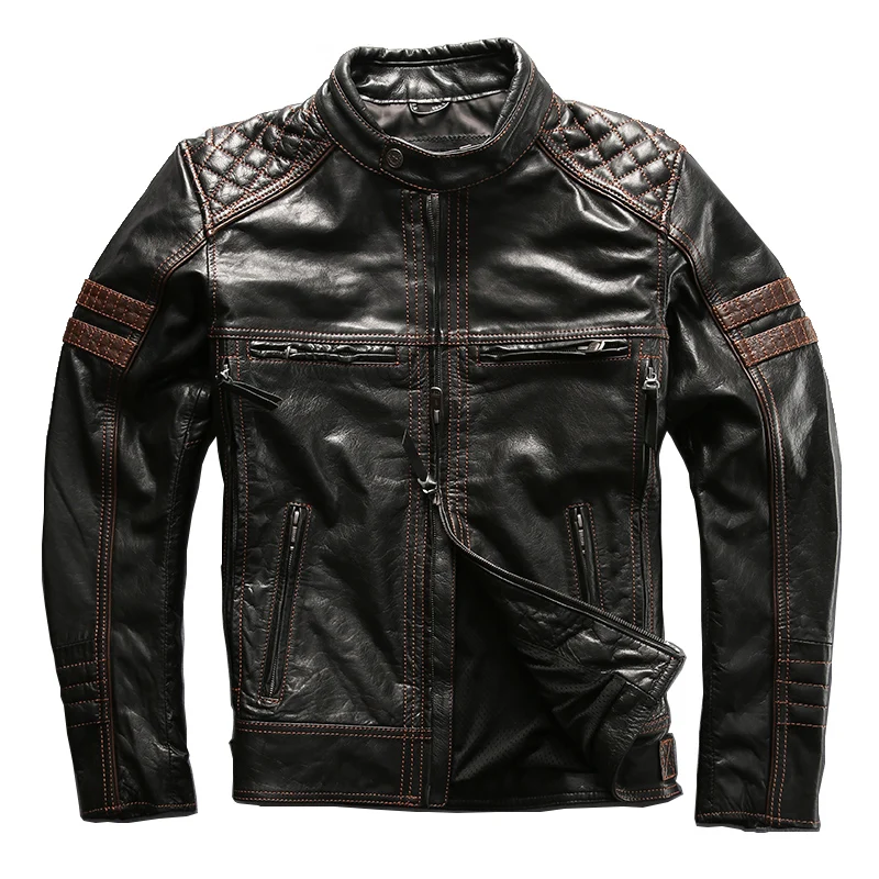 Черный DHL Free Shipping Men Genuine Cow Leather Jacket New Professional Motorcycle Biker Jacket Top Quality Spring Autumn Coat - Цвет: Черный