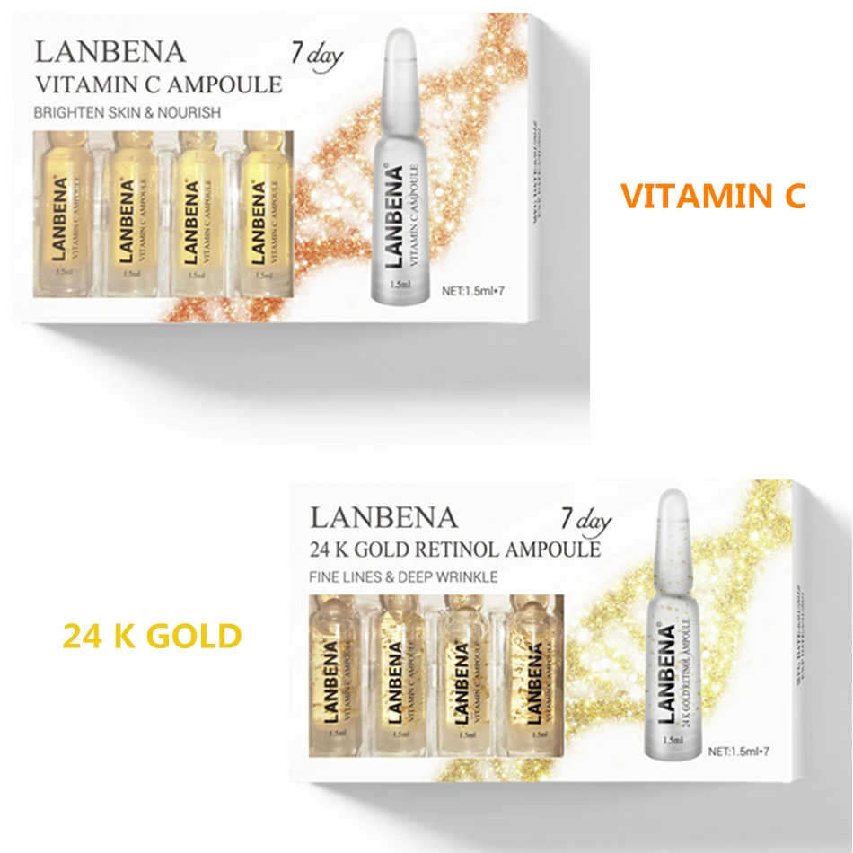 5 коробок/35 шт. LANBENA ампулы Сыворотки Гиалуроновая кислота + витамин C 24K Gold ретинол