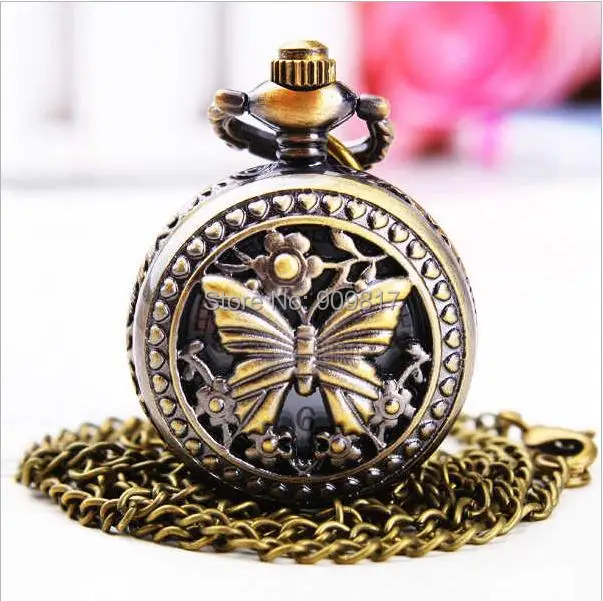 Винтажное ожерелье унисекс из бронзы с бабочкой Женские кварцевые карманные