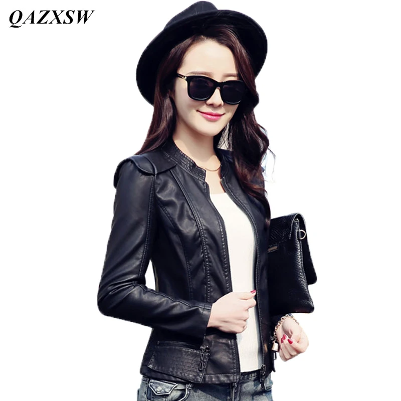 

QAZXSW 2019 New Fashion Women Motorcycle Leather Jacket Coat Stand Collar Women Water Wash PU Slim Outerwear Coats YX8842
