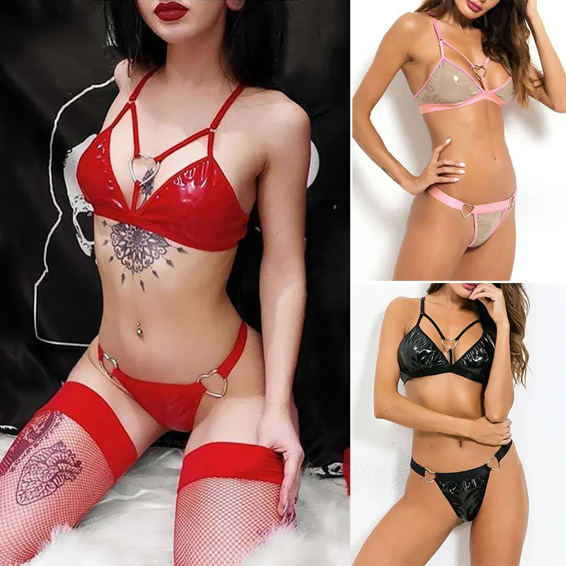 Женские костюмы сексуальный комплект из ПВХ с эффектом мокрого вида бюстгальтер